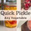 How to Use ChatGPT for Super Bowl Food Ideas - Over 20 Prompt Suggestions 11 quick pickle any vegetable - photos of jars of sliced dill pickles, rounds of pickled multi-colored sweet peppers and a photo looking top down of a knife next to remnants of sliced radishes next to a jar of pink pickled radishes