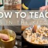 Child Kitchen Fire Safety 8 banner image, two photos of kids in kitchen over stovetop - one of young girl making candied lemon peel in a saucepan, another of a kid in an apron making croutons on a skillet with a wooden spoon