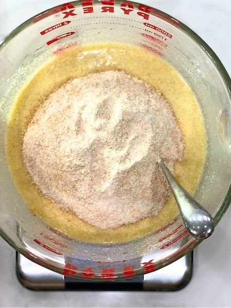 batter for oatmeal pancakes with whole wheat flour ready to mix