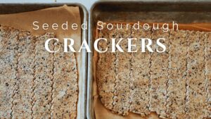banner image of seeded sourdough crackers showing the sourdough discard seeded crackers dough on two baking sheets scored into long strips with a wavy crinkle cutter