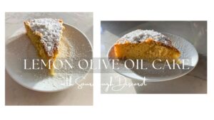 photos of lemon olive oil cake with sourdough discard on a plate from the side and top